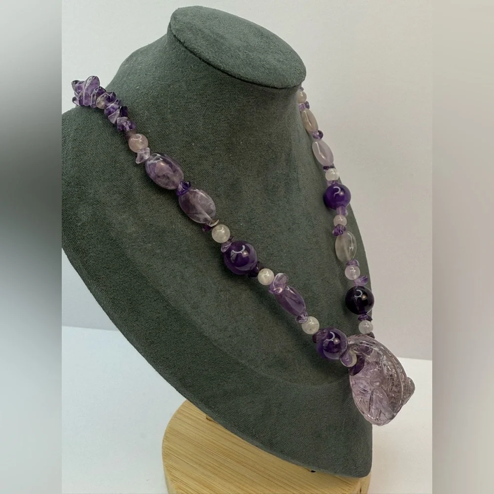 Carved amethyst lizard pendant with amethyst rock crystal necklace